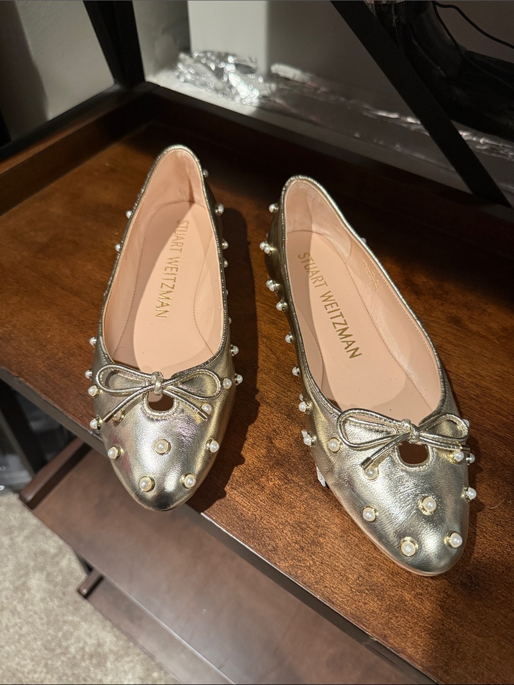Stuart Weitzman Metallic Gold Pearl-Studded Ballet Flats